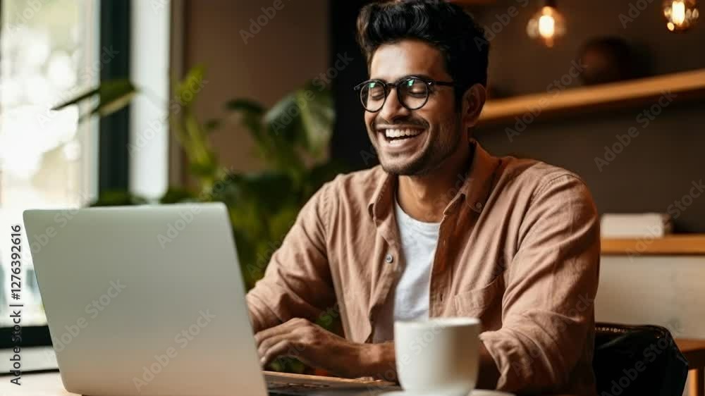 A man smiling while working on a laptop in a cozy cafe. The video captures a side angle, highlighting a relaxed, productive atmosphere. A man smiling while working on a laptop in a cozy cafe. The video captures a side angle, highlighting a relaxed, productive atmosphere.