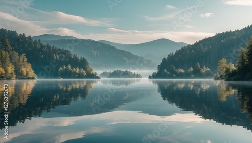 Calm lake surrounded by mountains reflecting blue sky and forest during early morning with mist over water and serene atmosphere