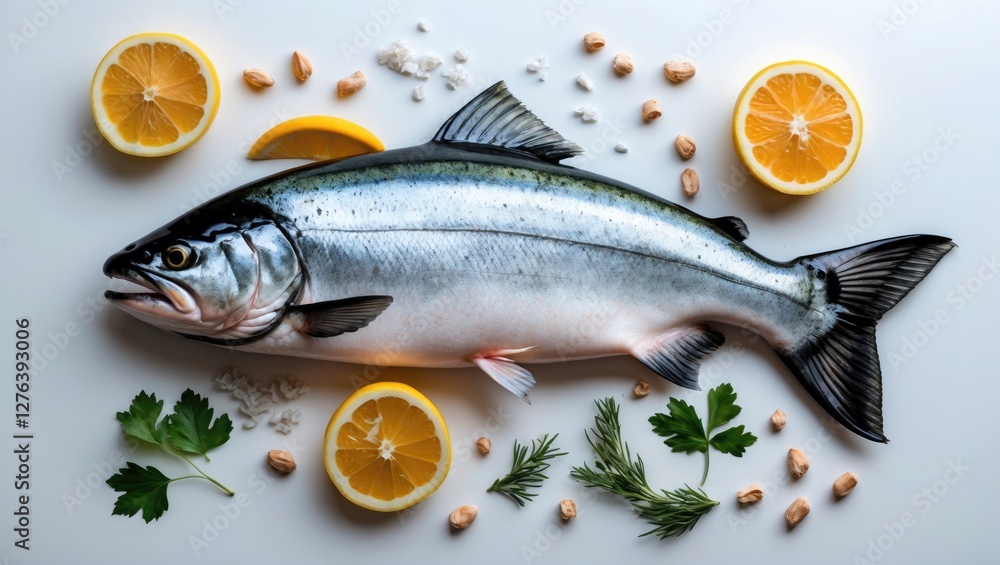 Fresh whole salmon on a light background with lemon slices, herbs, nuts, and sea salt arranged artistically. Fresh whole salmon on a light background with lemon slices, herbs, nuts, and sea salt arranged artistically.