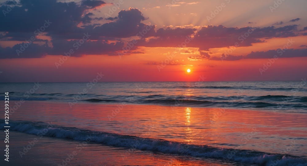 Vibrant sunset over calm ocean waters with colorful sky and gentle waves reflecting the light at twilight. Vibrant sunset over calm ocean waters with colorful sky and gentle waves reflecting the light at twilight.