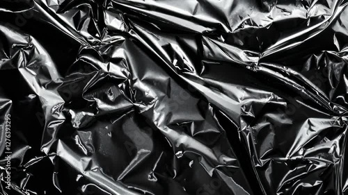 Close-up shot of crumpled black foil texture, creating a shiny, abstract background. Ideal for a video with a modern, edgy aesthetic.