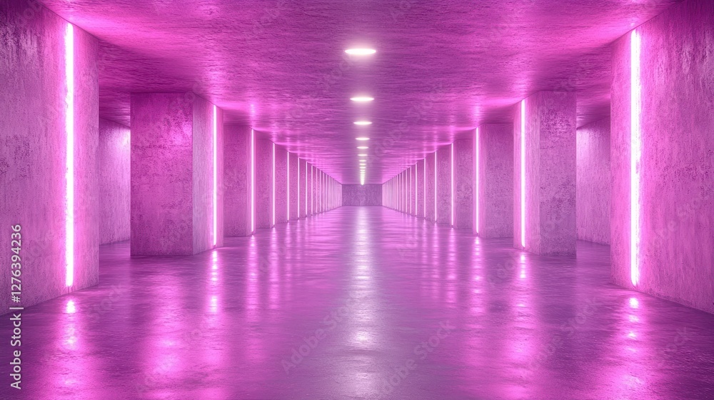 Pink neon hallway, concrete, futuristic, reflective floor, background lights, club Pink neon hallway, concrete, futuristic, reflective floor, background lights, club