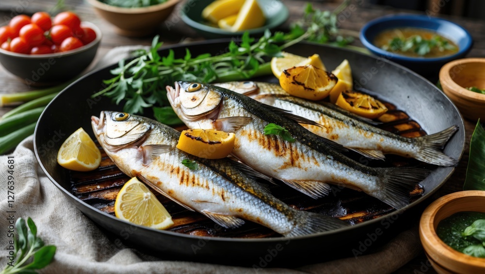 Grilled fish on a black cast iron skillet with lemon slices and fresh herbs surrounded by bowls of sauce and cherry tomatoes Grilled fish on a black cast iron skillet with lemon slices and fresh herbs surrounded by bowls of sauce and cherry tomatoes