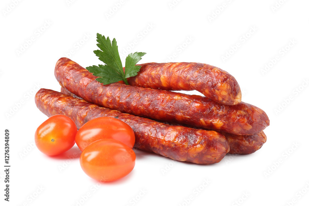 Many thin dry cured sausages with parsley and tomatoes isolated on white Many thin dry cured sausages with parsley and tomatoes isolated on white