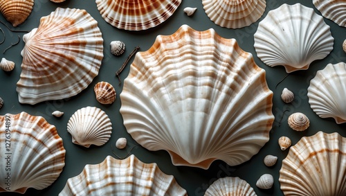 Collection of various seashells displayed on a flat surface with different sizes, shapes, and textures in natural colors.