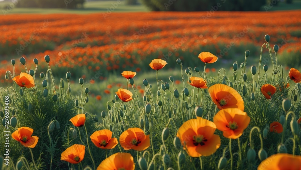 Obraz premium Poppy flower field with vibrant orange blooms and green foliage under soft evening light in a rural landscape