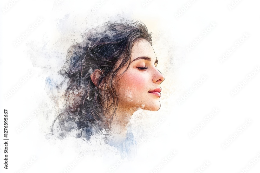 Profile of a young woman with flowing hair in soft colors reflecting tranquility and serenity Profile of a young woman with flowing hair in soft colors reflecting tranquility and serenity
