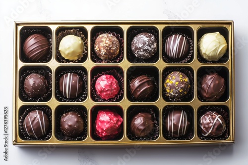 A beautiful assortment of gourmet chocolate truffles in a gold box, showcasing various flavors and textures, perfect for a decadent gift or sweet indulgence, on white marble.