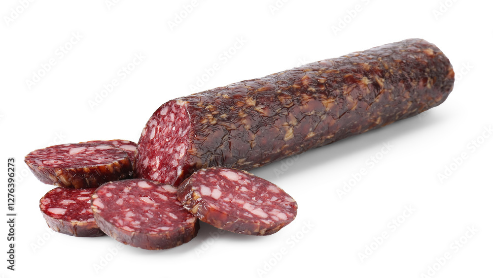 Delicious dry cured sausage isolated on white Delicious dry cured sausage isolated on white