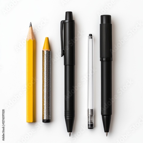 A top-down studio shot featuring an assortment of pens and pencils, perfect for school or office supplies advertisement, stationery or creative design concept.