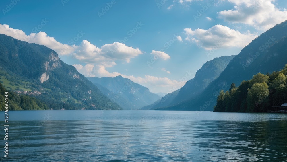 Mountain lake landscape with reflection of clouds in the water under clear blue sky and green vegetation along the shore Mountain lake landscape with reflection of clouds in the water under clear blue sky and green vegetation along the shore
