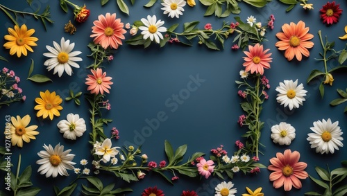 Wallpaper Mural Floral arrangement of colorful flowers with green leaves creating a decorative square frame on a dark blue background Torontodigital.ca