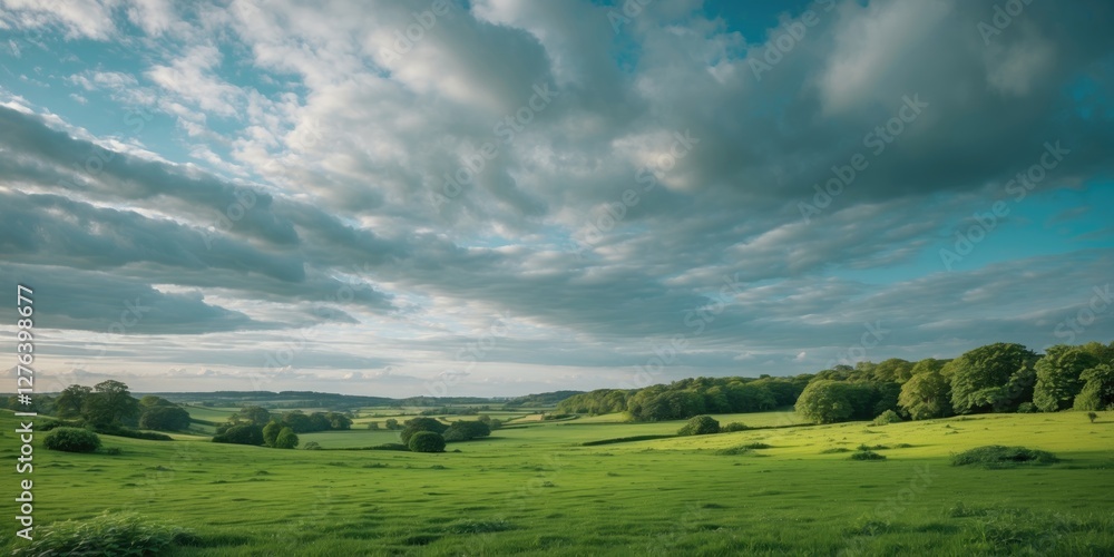 Obraz premium Lush green meadow landscape under partly cloudy sky with distant trees and rolling hills during the day in a rural setting