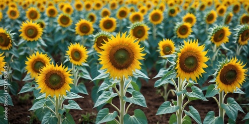 Field of vibrant sunflowers in full bloom stretching towards the horizon under a clear blue sky in summer season photo