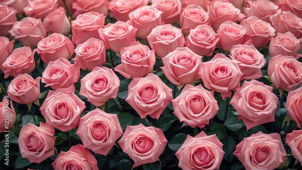 Pink roses in full bloom densely arranged in a garden setting with green leaves visible among the flowers Pink roses in full bloom densely arranged in a garden setting with green leaves visible among the flowers