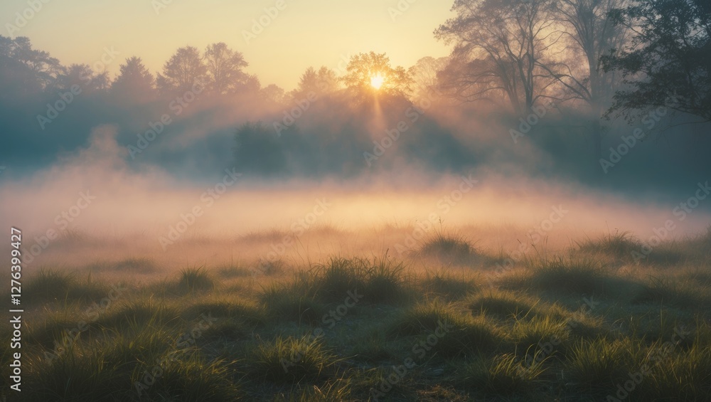 Naklejka premium Sunrise over misty meadow with fog and sunlight rays illuminating grass and trees in background