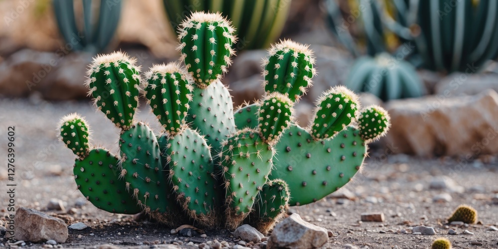 Green cactus cluster with spines in desert landscape setting with rocks and other cacti in background. Green cactus cluster with spines in desert landscape setting with rocks and other cacti in background.