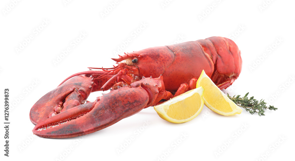 Tasty boiled lobster, lemon and thyme isolated on white Tasty boiled lobster, lemon and thyme isolated on white