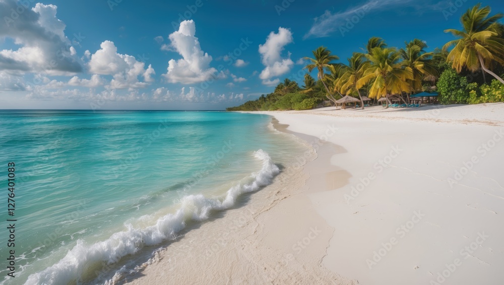 Tropical beach with white sand and turquoise water under blue sky with clouds and palm trees in the background Tropical beach with white sand and turquoise water under blue sky with clouds and palm trees in the background