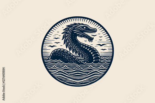 Vintage black and white engraving of Leviathan in ocean waves