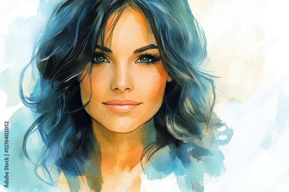 Fototapeta premium Portrait of a woman with wavy hair and expressive eyes in soft watercolor style
