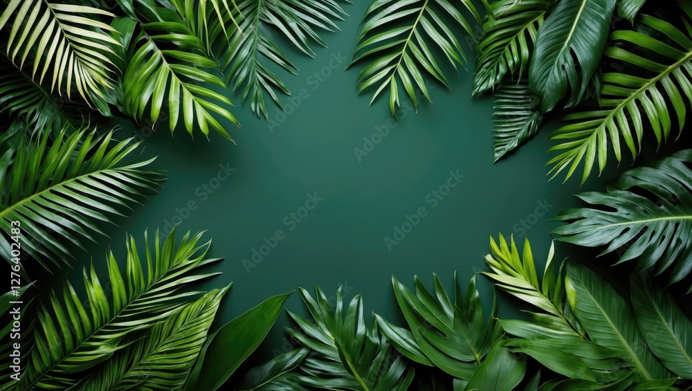 Green tropical leaves background with various palm and foliage plants framing a central empty space on a dark green backdrop Green tropical leaves background with various palm and foliage plants framing a central empty space on a dark green backdrop
