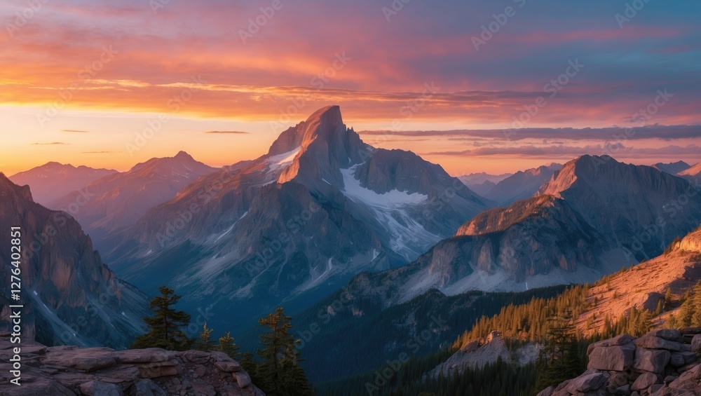 Mountain range during sunset with dramatic sky, jagged peaks, lush green foreground and colorful clouds in the background. Mountain range during sunset with dramatic sky, jagged peaks, lush green foreground and colorful clouds in the background.