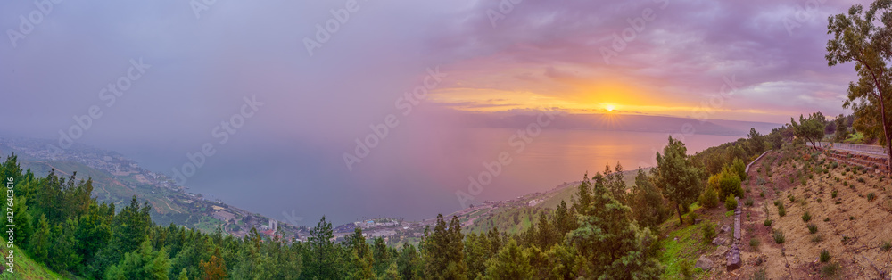 Panoramic sunrise view of the Sea of Galilee