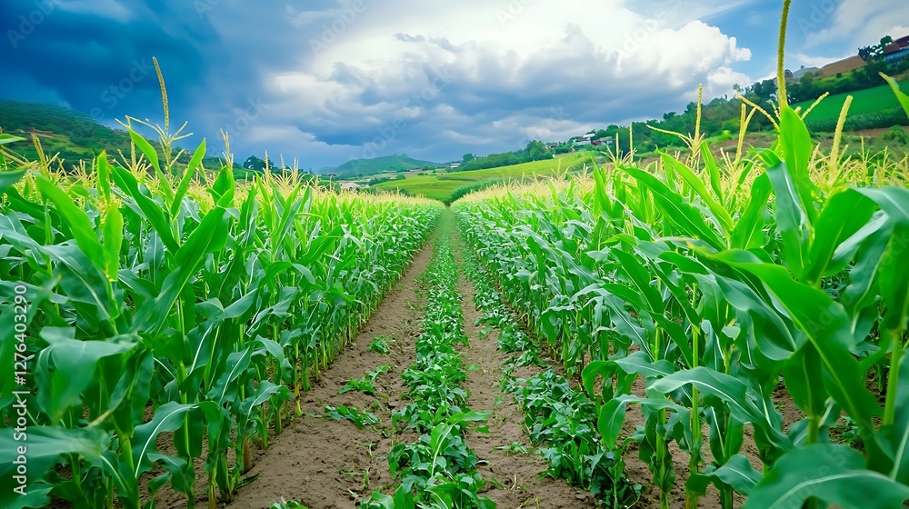 Lush cornfield stretching towards distant hills under dramatic cloudy skies Lush cornfield stretching towards distant hills under dramatic cloudy skies