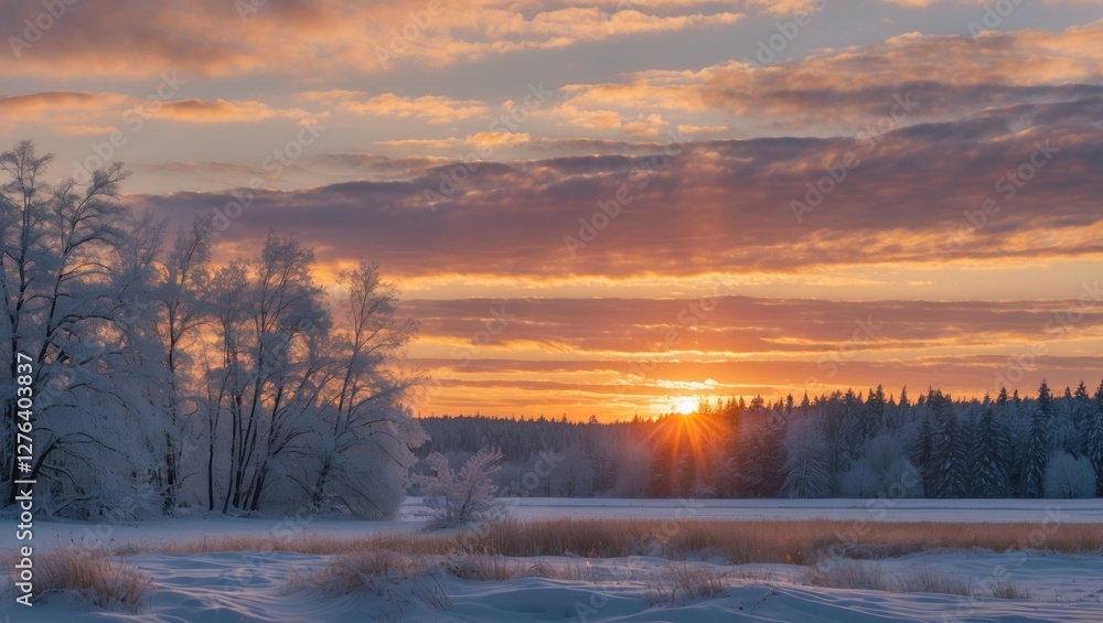 Winter landscape at sunrise with snow-covered trees and a frozen river under a colorful sky with clouds. Winter landscape at sunrise with snow-covered trees and a frozen river under a colorful sky with clouds.