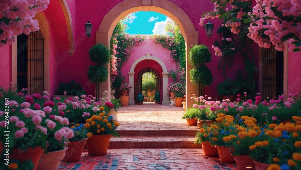 Fototapeta premium Vibrant garden courtyard with colorful flowers and potted plants framed by pink archways under a bright blue sky