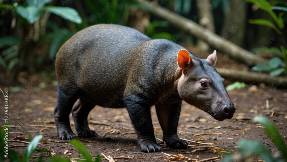 Tapir walking through dense tropical foliage in a lush green forest environment. Animal wildlife and nature photography. Tapir walking through dense tropical foliage in a lush green forest environment. Animal wildlife and nature photography.