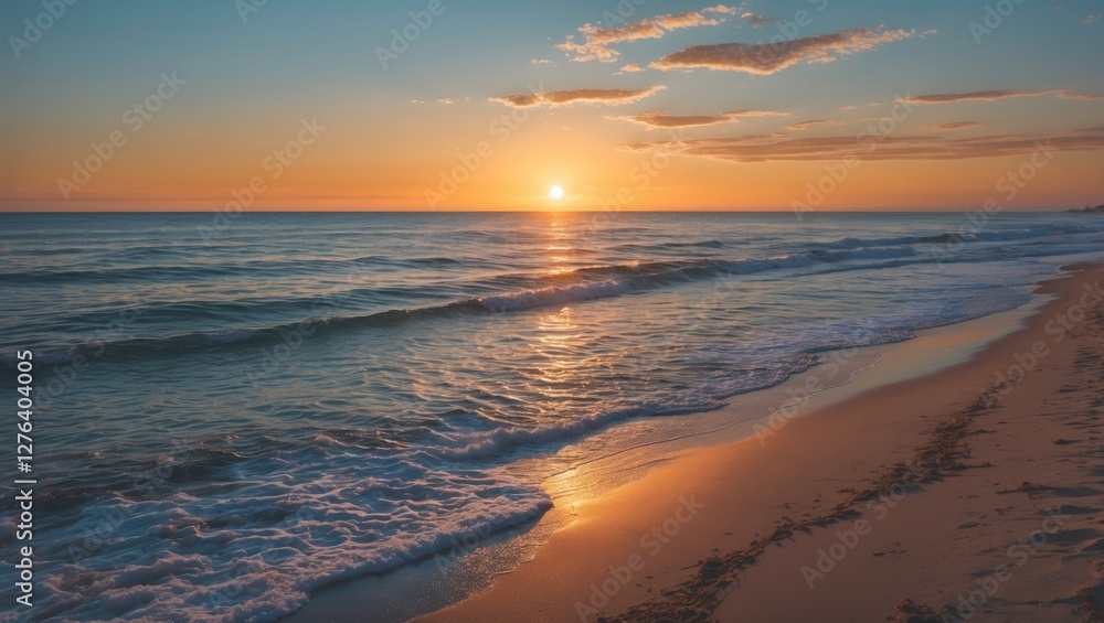 Sunset over calm ocean waves reflecting golden light on sandy beach shoreline with gentle surf and clear sky Sunset over calm ocean waves reflecting golden light on sandy beach shoreline with gentle surf and clear sky