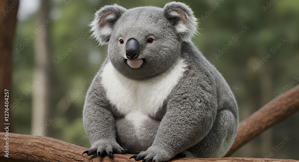 Naklejka premium Cute Koala Sitting on Branch with Eucalyptus Trees in Background