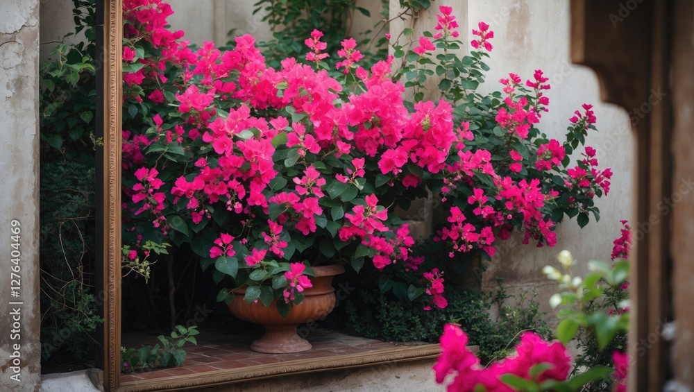 Fototapeta premium Bougainvillea plant in terracotta pot surrounded by greenery framed by wall with textured finish in courtyard setting