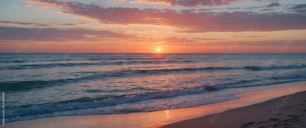 Beach sunset over calm ocean waves with clouds reflecting orange and pink hues in the sky. Beach sunset over calm ocean waves with clouds reflecting orange and pink hues in the sky.