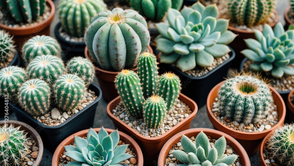 Fototapeta premium assorted cacti and succulent plants in clay pots arranged on a surface with decorative gravel