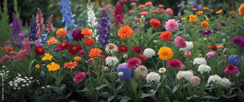 Colorful flower garden with various blooming plants in vibrant hues of red, pink, orange, purple, and white under natural light. Colorful flower garden with various blooming plants in vibrant hues of red, pink, orange, purple, and white under natural light.
