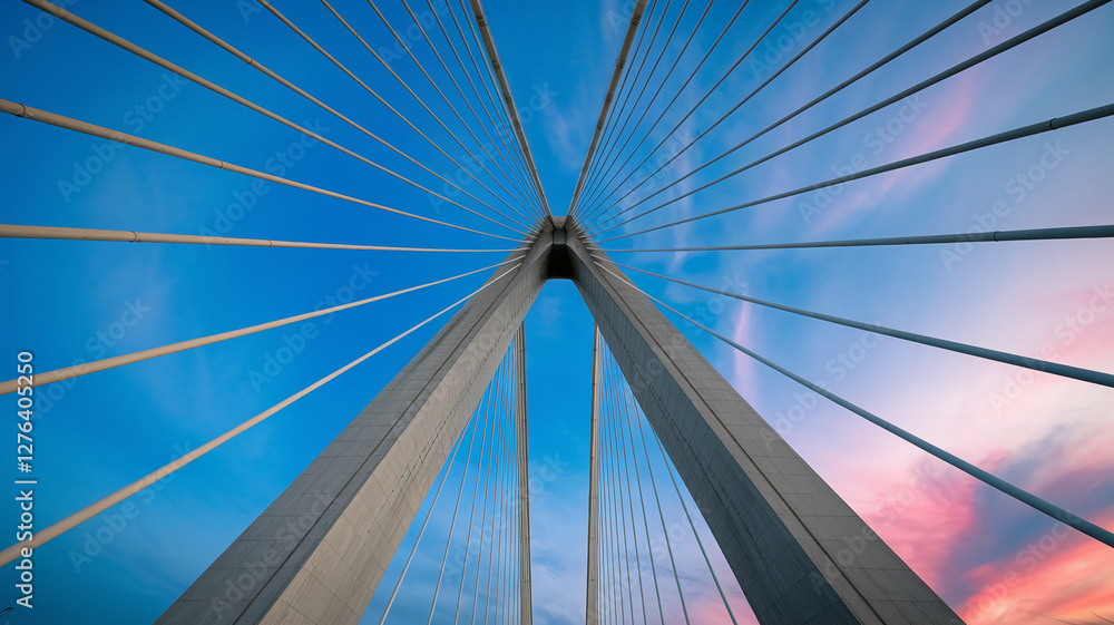 A breathtaking low-angle view of a modern bridge with cables stretching across a vibrant sky, symbolizing innovation, strength, and architectural achievement. A breathtaking low-angle view of a modern bridge with cables stretching across a vibrant sky, symbolizing innovation, strength, and architectural achievement.