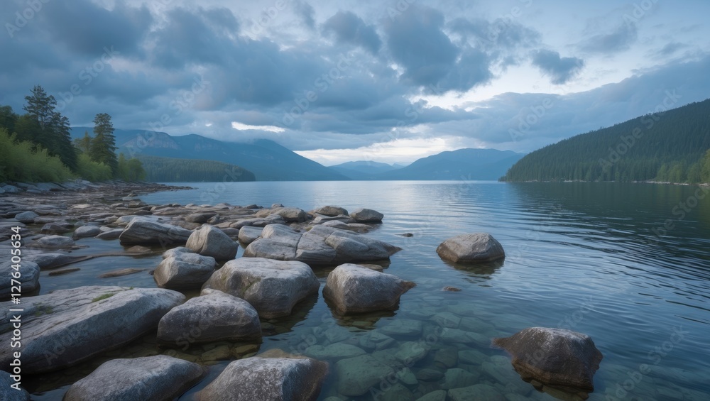 Lake landscape with rocky shoreline under cloudy sky, mountains in background, calm water reflecting clouds, serene natural setting. Lake landscape with rocky shoreline under cloudy sky, mountains in background, calm water reflecting clouds, serene natural setting.
