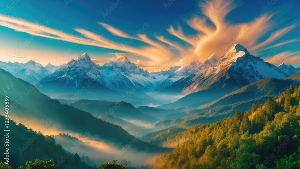 Obraz premium Majestic mountain landscape with dramatic clouds and lush green hills under a colorful sky during sunset