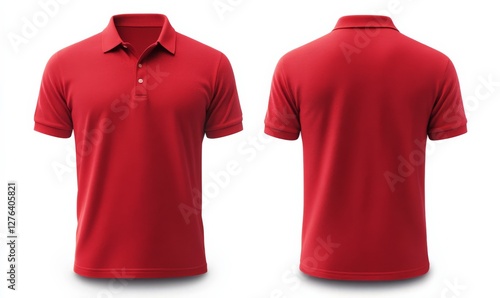 Blank red male polo t-shirt, template for your design mockup. Front and back view.