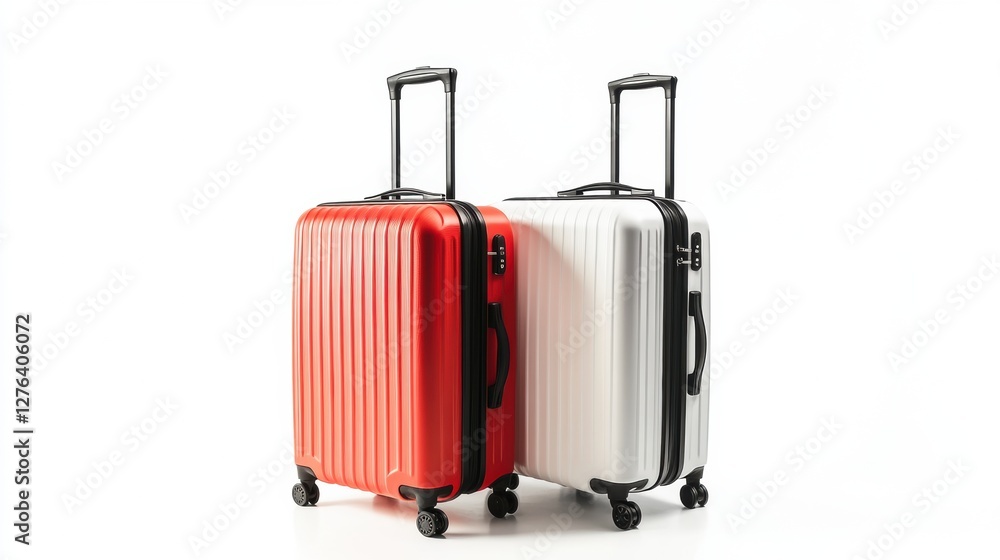 Travel Companions Two Hard Shell Suitcases Red and White on a Solid White Background Still Life Travel Companions Two Hard Shell Suitcases Red and White on a Solid White Background Still Life