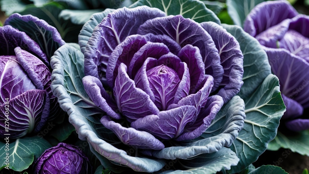 Obraz premium Purple cabbage blooms with detailed texture and vibrant colors against a blurred green background in a garden setting.