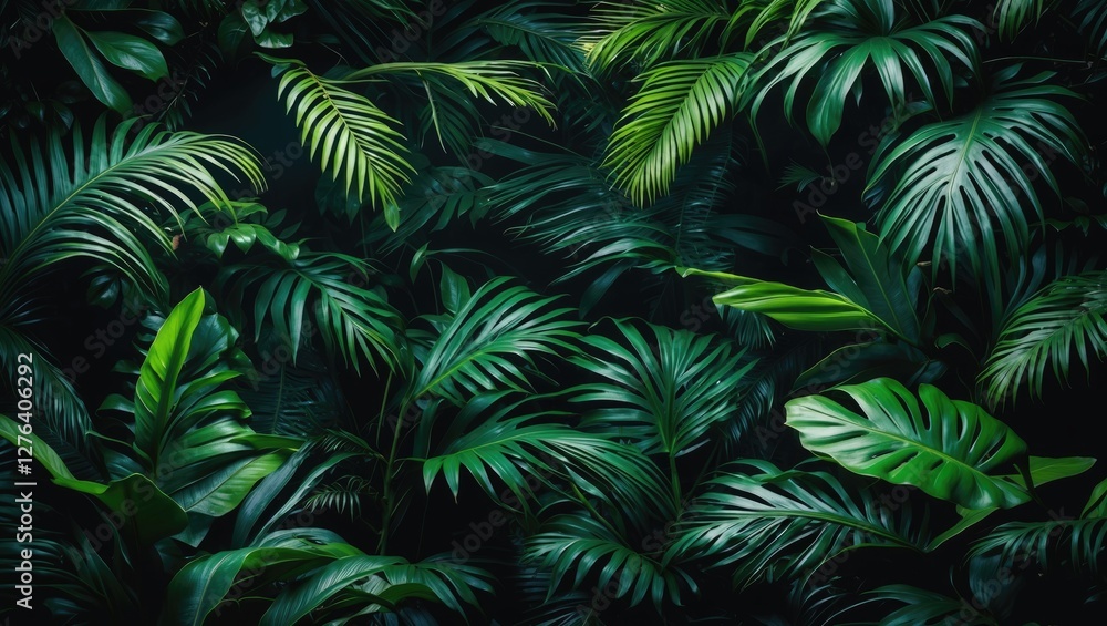 Dense tropical foliage background with various shades of green leaves creating a rich natural texture and depth. Dense tropical foliage background with various shades of green leaves creating a rich natural texture and depth.