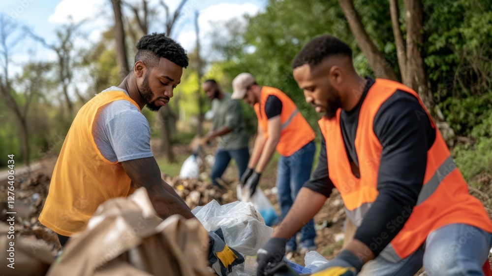 Volunteers picking up garbage trash in public spaces during Spring season. Volunteers picking up garbage trash in public spaces during Spring season.