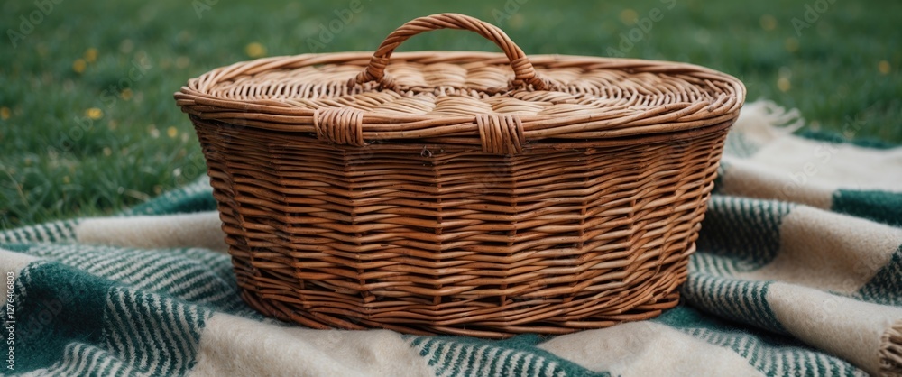 Woven wicker picnic basket placed on a green and white checkered blanket in a grassy outdoor setting