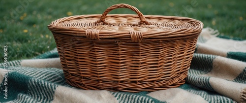 Obraz na płótnie Woven wicker picnic basket placed on a green and white checkered blanket in a grassy outdoor setting w salonie