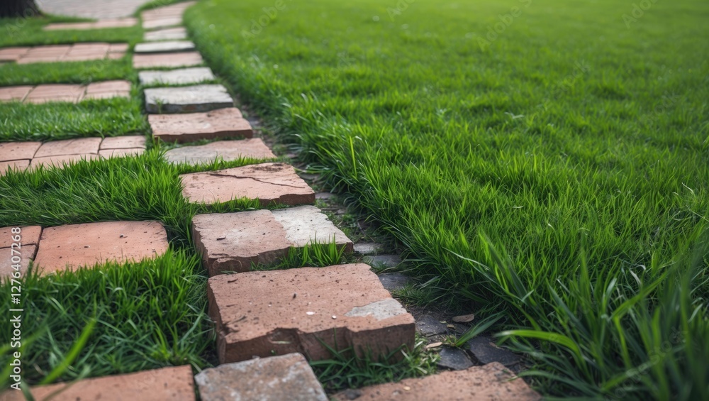 Pathway with brick pavers bordered by lush green grass in a well-maintained garden setting on a sunny day Pathway with brick pavers bordered by lush green grass in a well-maintained garden setting on a sunny day