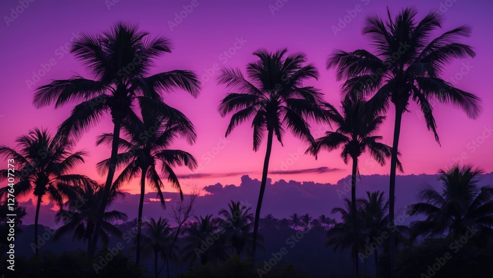Silhouette of palm trees against a vibrant purple and orange sunset sky with clouds in the background. Silhouette of palm trees against a vibrant purple and orange sunset sky with clouds in the background.